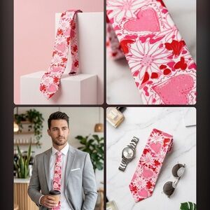 Pink Floral Heart Skinny Tie